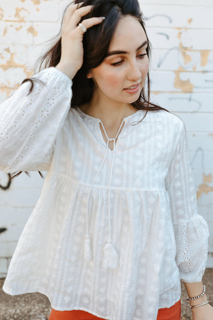 Tassel Tie Eyelet Babydoll Blouse