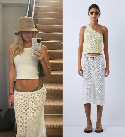 Traje de falda con top camisola de punto con tirantes finos de un solo hombro