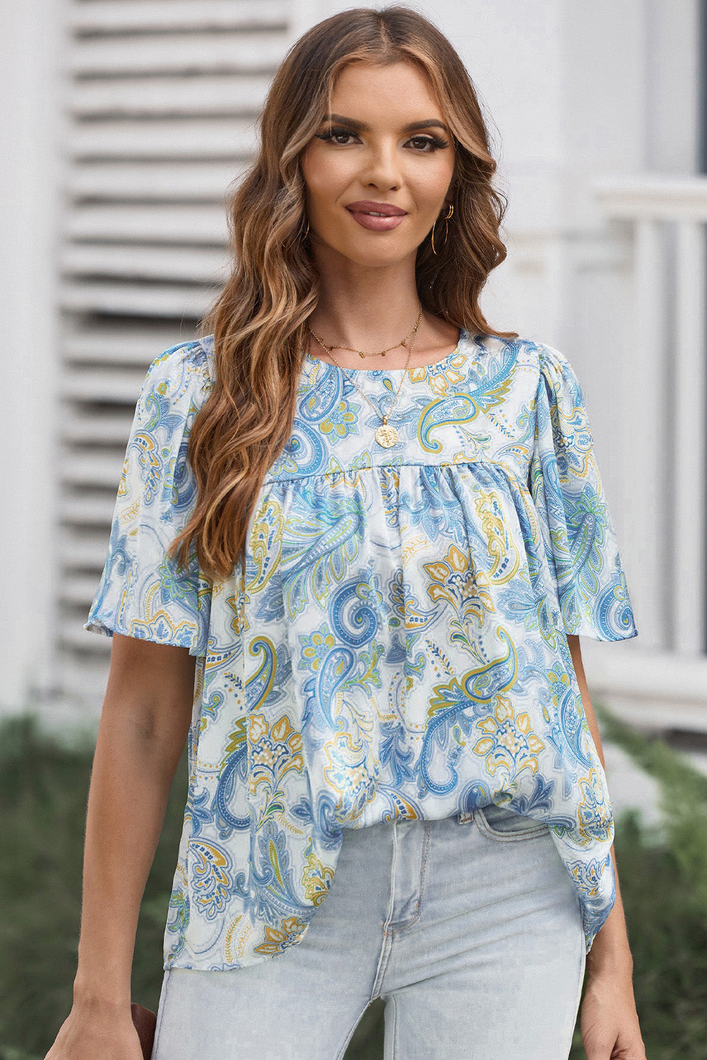 Printed Round Neck Short Sleeve Blouse