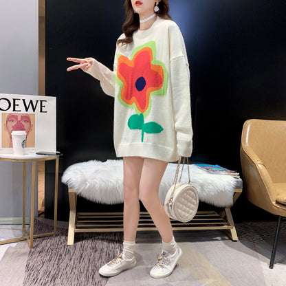 Large Flower Sweater Round Neck Long Sleeve