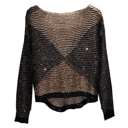 Hollow-out Sequin Loose Sweater Pullover Fil-Lumiere Underwear Blouse Long Sleeve Round