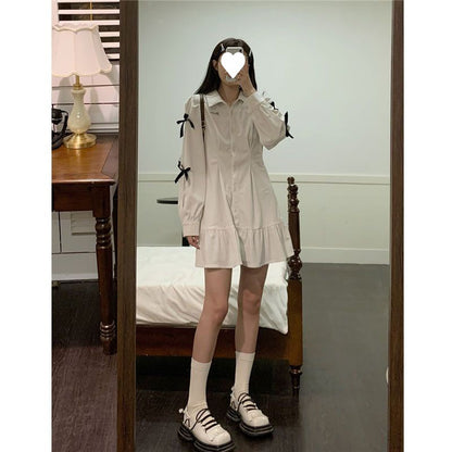 Bow Shirt Dress Women Polo Collar White Long Sleeve Short Dress