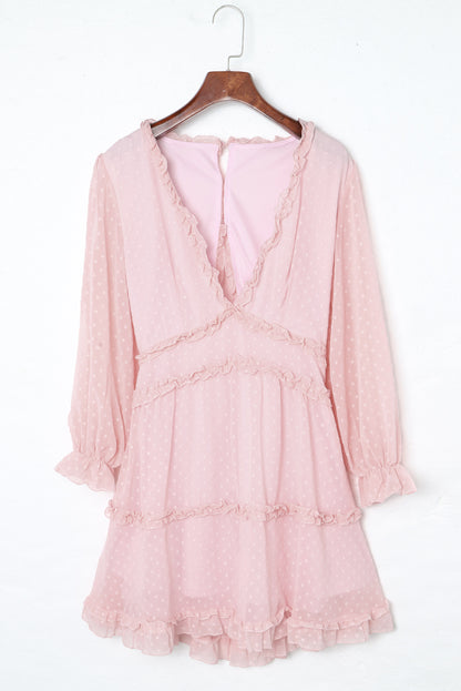 Pink Layered Ruffled Open Back Puff Sleeve Swiss Dot Mini Dress