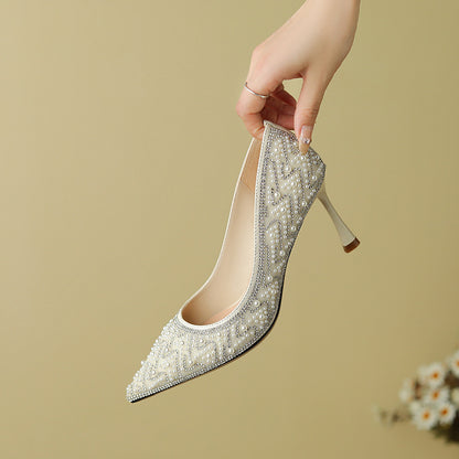 Tacones altos de moda con perlas de diamantes de imitación para mujer