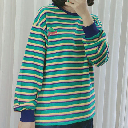 Striped Long Sleeve Top Women's T-Shirt Student Round Neck Pullover Sweater