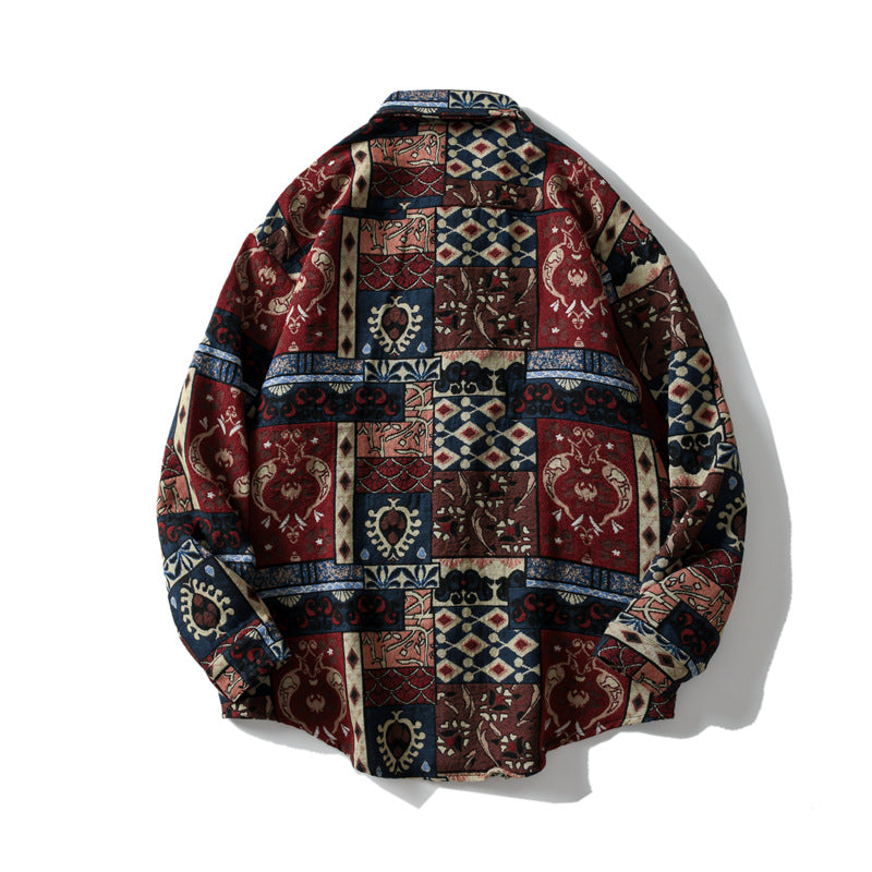 Men's Trendy Printed Woolen Shirt Loose Long Sleeved Coat Top