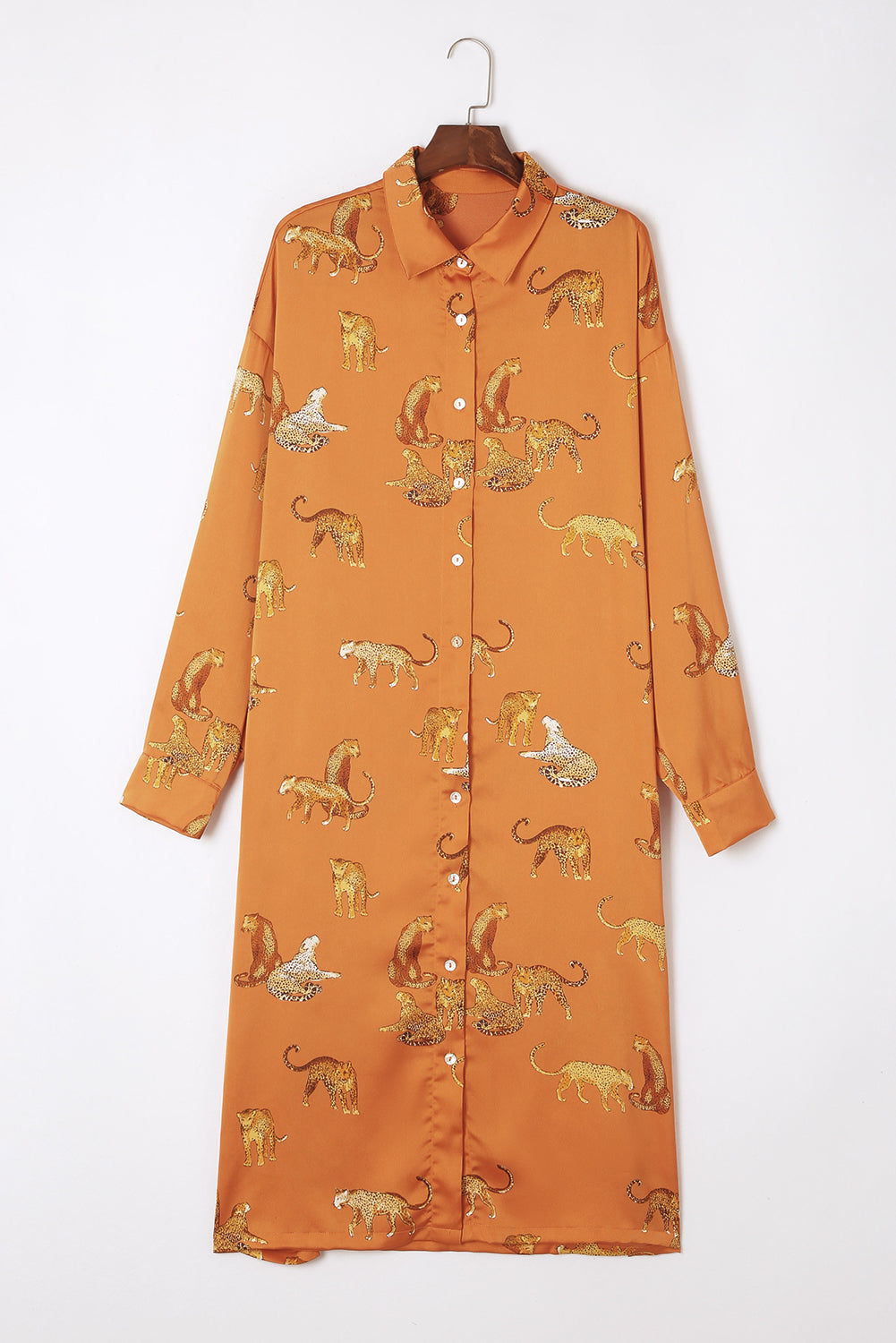 Robe chemise fendue boutonnée à imprimé guépard moutarde