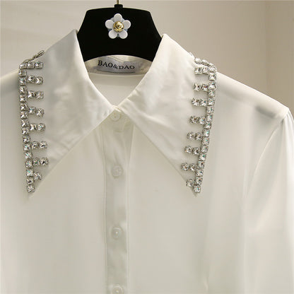 Cárdigan de manga larga Camisa blanca corta con diamantes de imitación