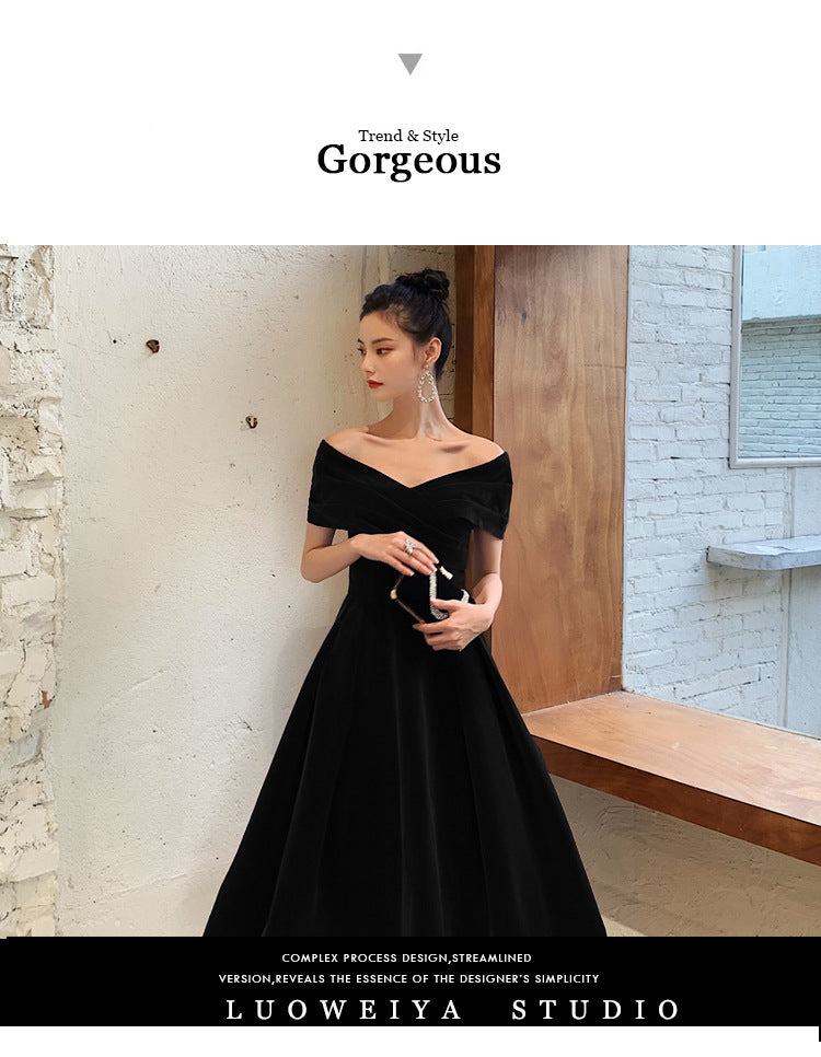 Black Slimming Off-shoulder Long Banquet Temperament Evening Dress