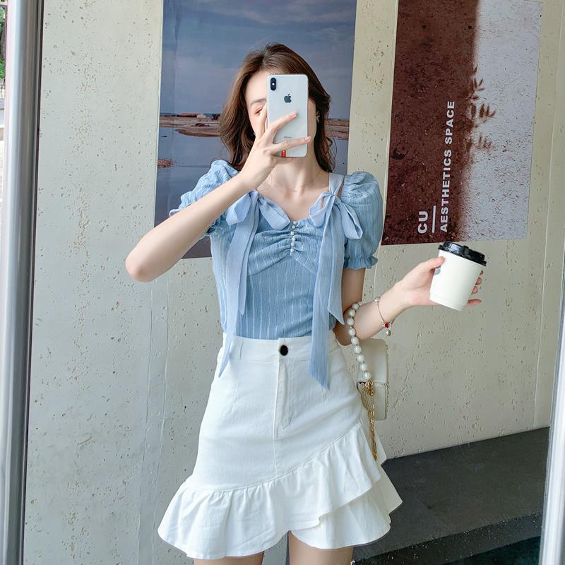 Women's French Bellflower Square Neck Tie Short Sleeve Chiffon Shirt