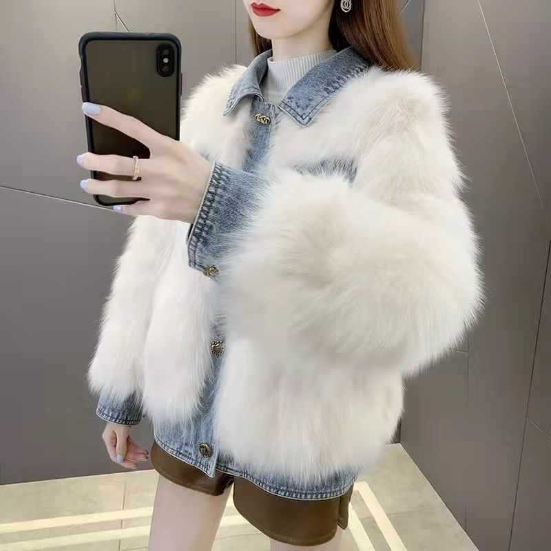 Denim Stitching Fur Coat For Women Autumn And Winter