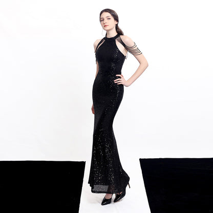 Banquet Temperament Elegant Long Halter Set Diamond Sequined Aura Queen Fishtail Evening Dress