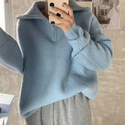 Korean Style Zipper Half-open Collar Lazy Sweater Women