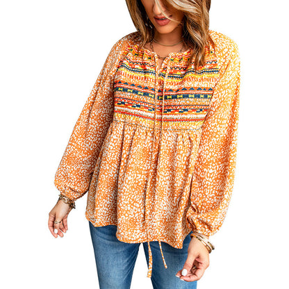 Women's Round Neck Embroidered Lantern Sleeve Chiffon Top