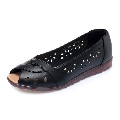 Sandalias Peep Toe para Mujer, Suela Plana, Comodidad, Cuero, Suela Suave