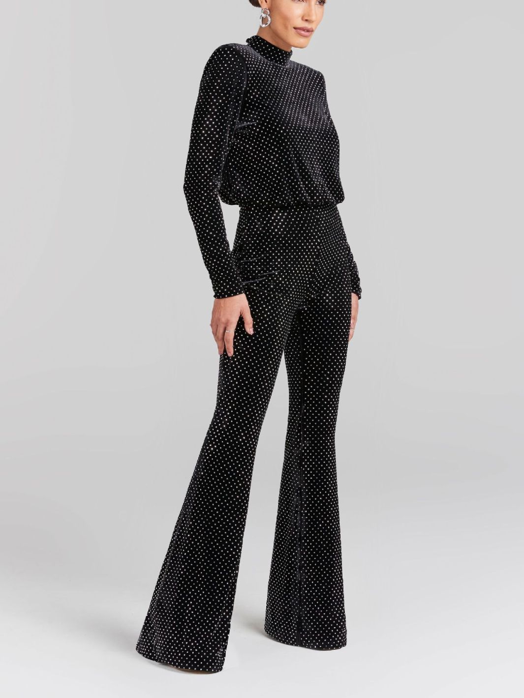 Fashionable Sequin Half High Neck Long Sleeved Jumpsuit