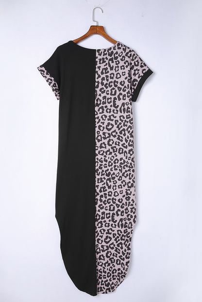 Vestido estilo camiseta de manga corta con estampado de leopardo liso en contraste negro con aberturas