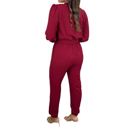 Women's Fashionable Elegant V-neck Solid Color Long Sleeve High Waist Cropped Jumpsuit