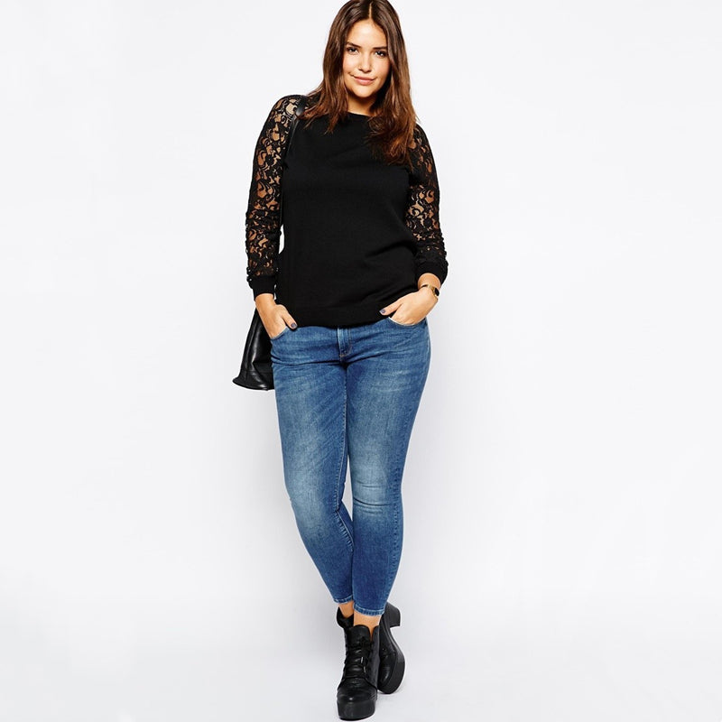 British Style Lace Sleeve Cotton Sweater T-shirt