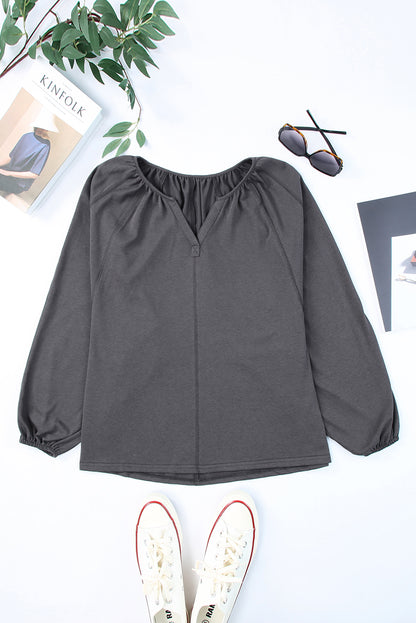 Notched Neck Balloon Sleeve Blouse