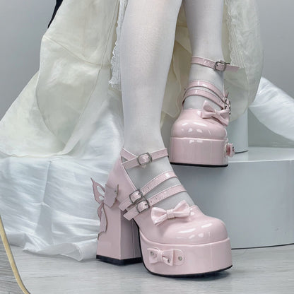 Rivet Bow Round Toe Bright Leather Platform Thick High Heels