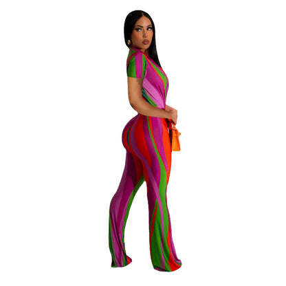 Women's Fashionable Contrasting Striped Printed Jumpsuit