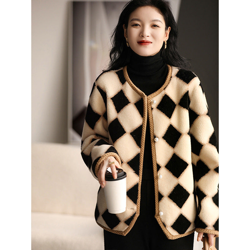 Chessboard Plaid Full Wool Sheepskin Fur Women's Winter