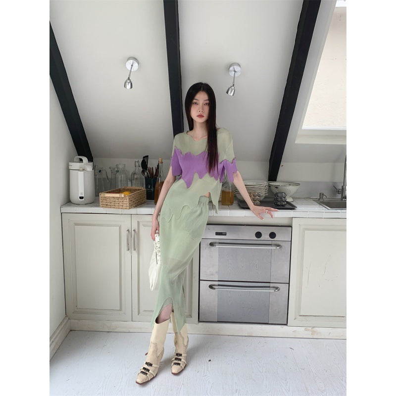 Trendy Chic Green Skirt Korean Drama Two-piece Set For Women