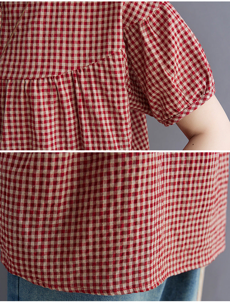 Ladies' Lace Lapel Cotton And Linen Plaid Shirt Short Sleeves