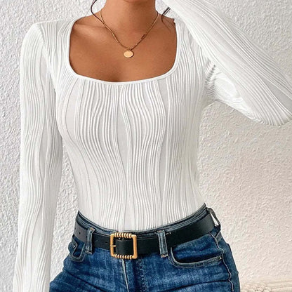 Women's Fashion Elegant Stitching Solid Color Water Ripple Long Sleeve U-collar Jumpsuit