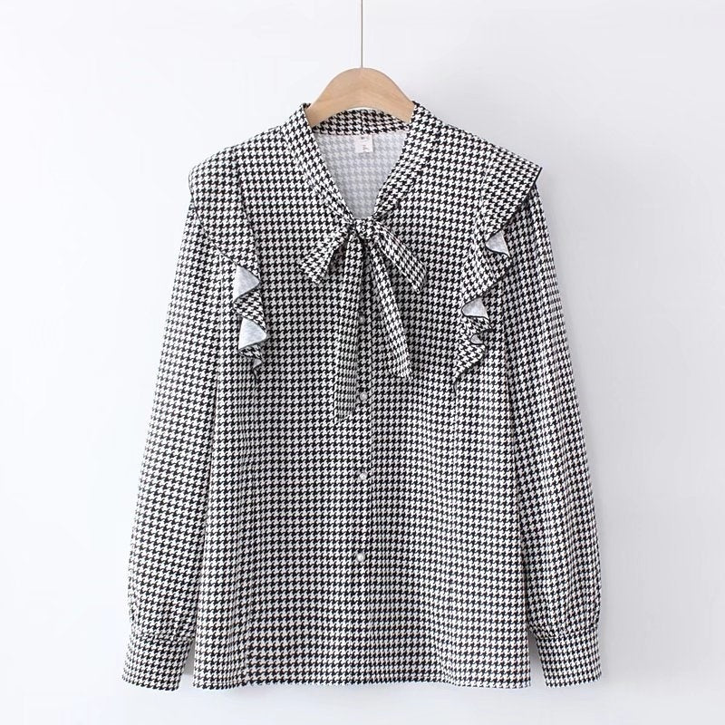 Plus Size Women's Slim And Loose Houndstooth Retro Shirt