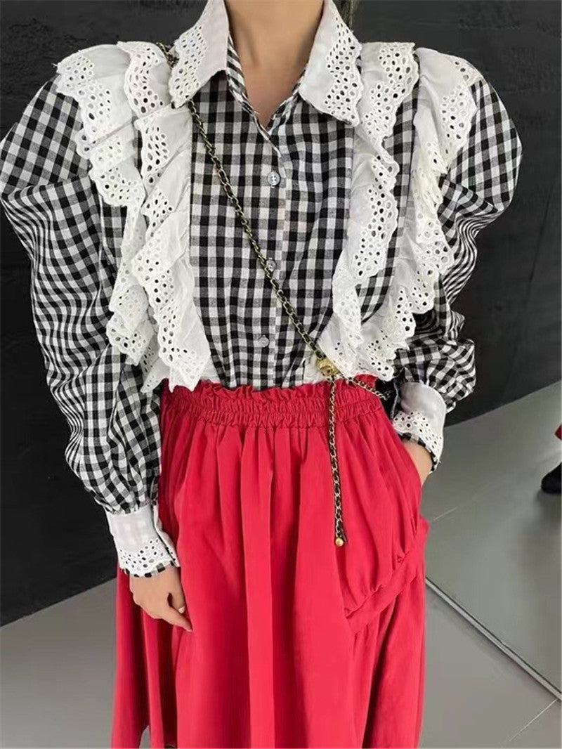 Camisa de manga larga de encaje hueco de diseño de moda para mujer