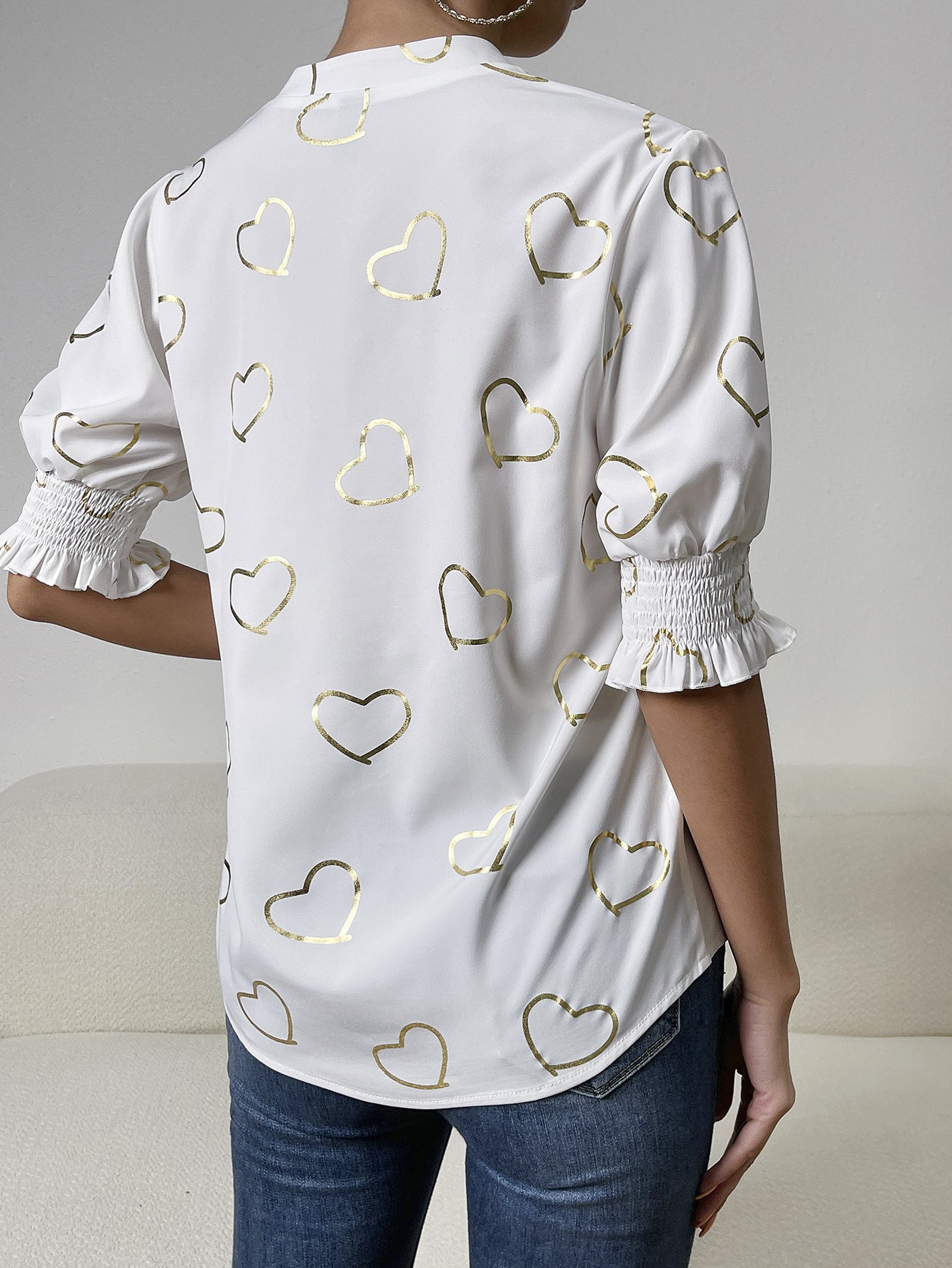 Heart Print Notched Neck Half Sleeve Blouse