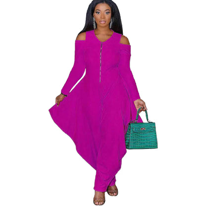 Ladies Solid Color Off Shoulder Long Sleeve Fashion Loose Jumpsuit