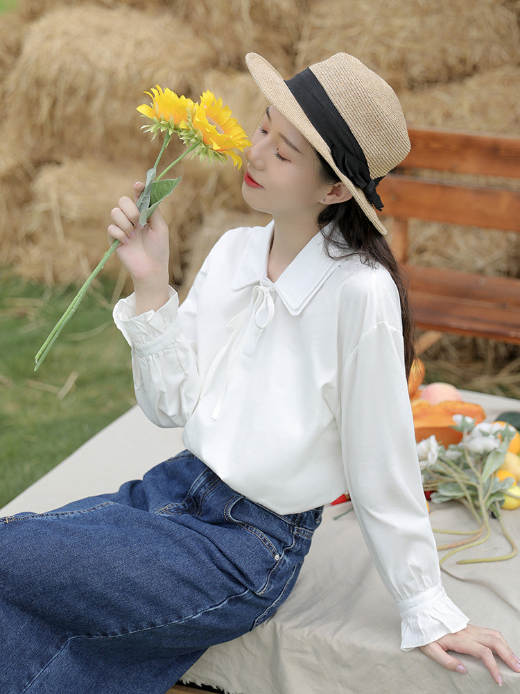 Sweet And Chic Blouse Literary White Long-sleeved Shirt Women