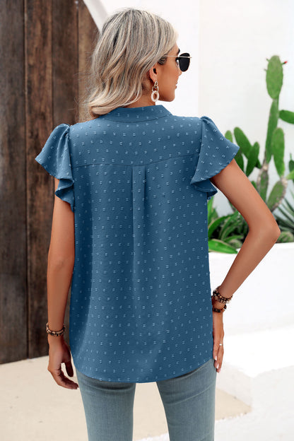 Swiss Dot Flutter Sleeve Notched Neck Blouse