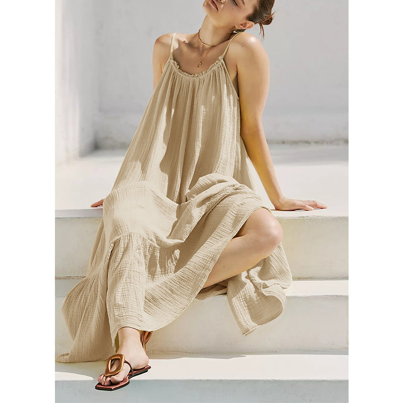 Sling Dress Summer Retro Texture Cotton Yarn Wooden Ear Skin-friendly Temperament Wild Midi Dress