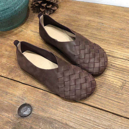 Retro Round Toe Flat Bottom Soft Cowhide Woven Women's Shoes