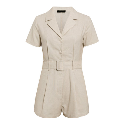 Casual Style Button Short-sleeved One-piece Suit With Collar And Belt Short Jumpsuit