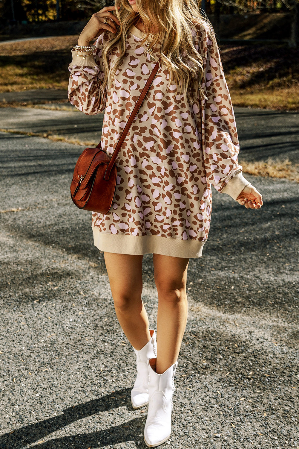 Parchment Leopard Print Side Pockets Long Sleeve Mini Dress