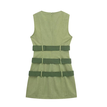 Women's Overalls Army Green Sleeveless Vest Hot Girl Dress