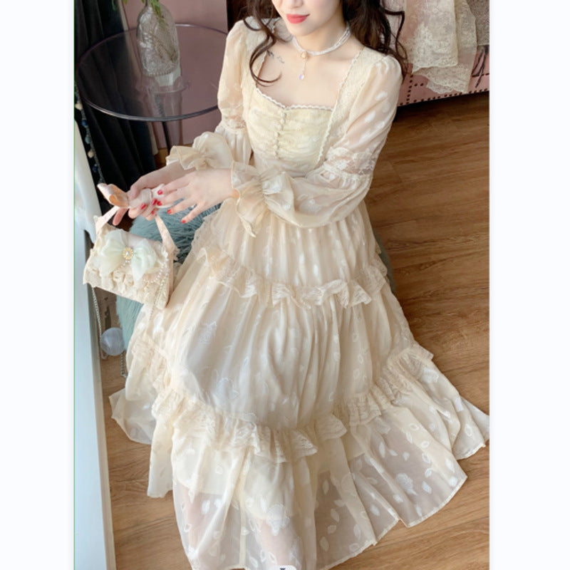 Women's Square Collar Lace Stitching Dress