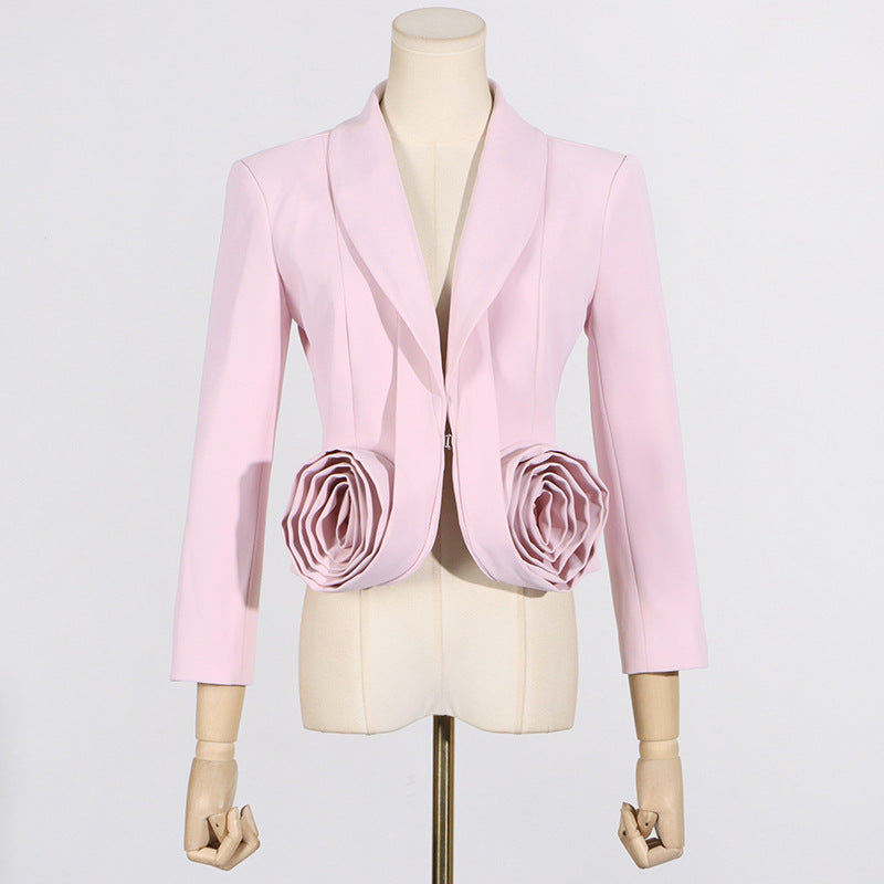 Women's Spring Fashion V-neck Three-dimensional Rose Splicing Coat