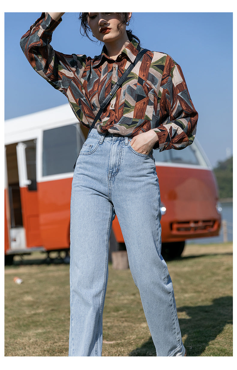 Camisa de flores de manga larga estilo Retro de Hong Kong, Top holgado de primavera y otoño