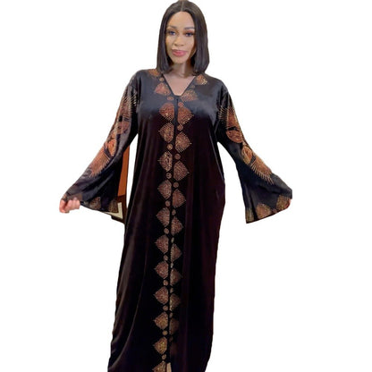 Robe africaine en velours doré pour femmes, mode, perçage chaud, col en v, manches évasées