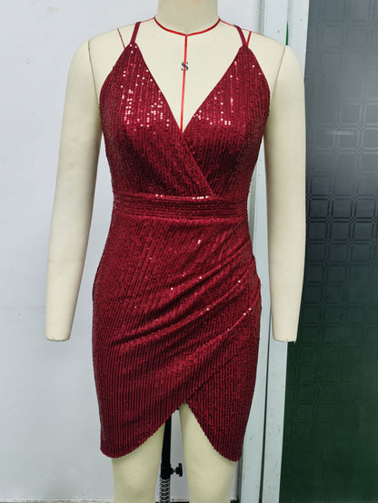 Retro Spaghetti Straps Sequins Dress Women