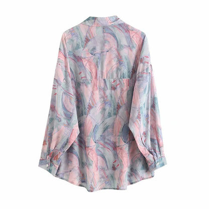 Autumn Ice Blue Powder Lye Smudge Printing Holiday Sunscreen Women's Loose Shirt