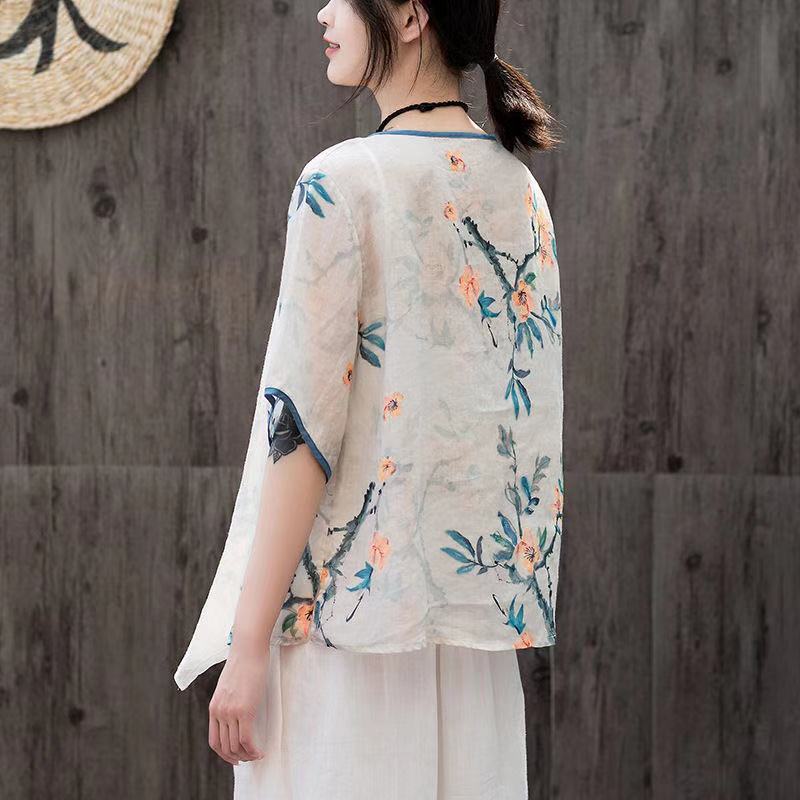 Bouton disque Hanfu rétro petite chemise grande taille Ramie ample