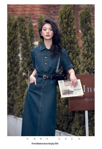 Simple Lapel Short-sleeved Single-breasted Casual Denim Dress Belt