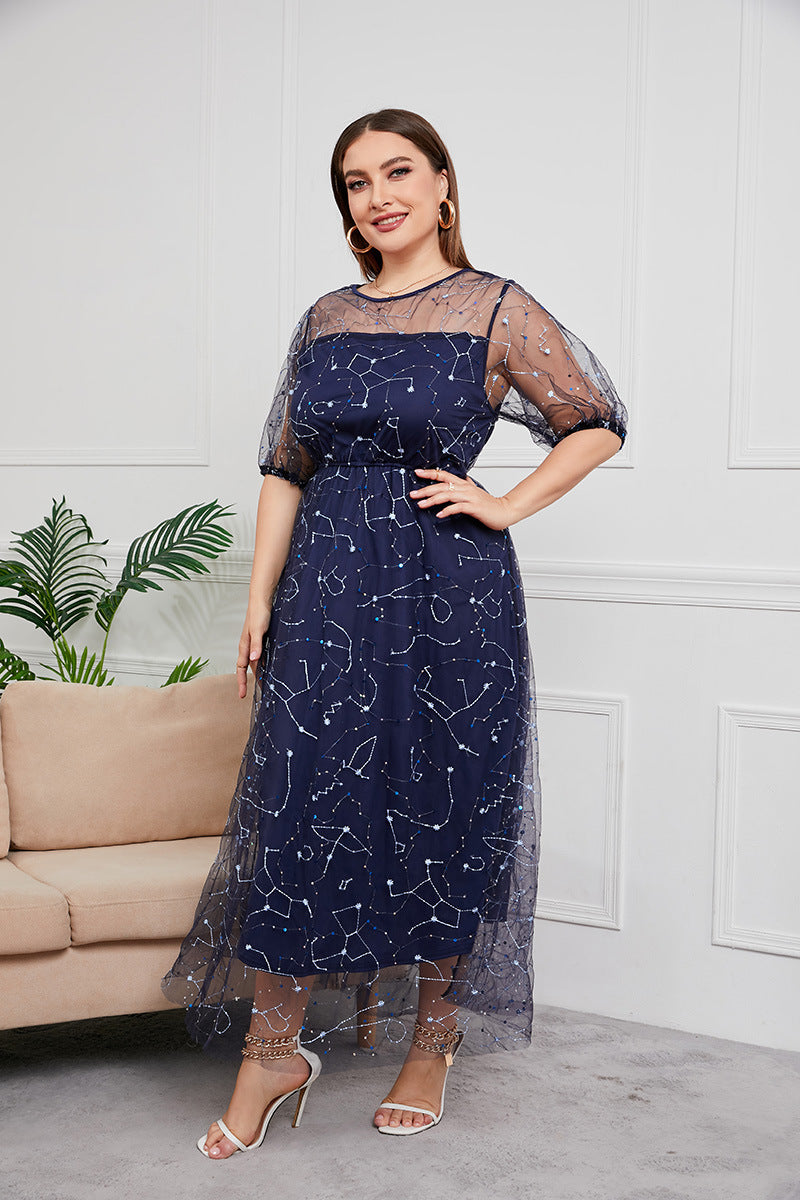 Plus Size Dress Evening Dress Women's Mesh Embroidered Midi Dress